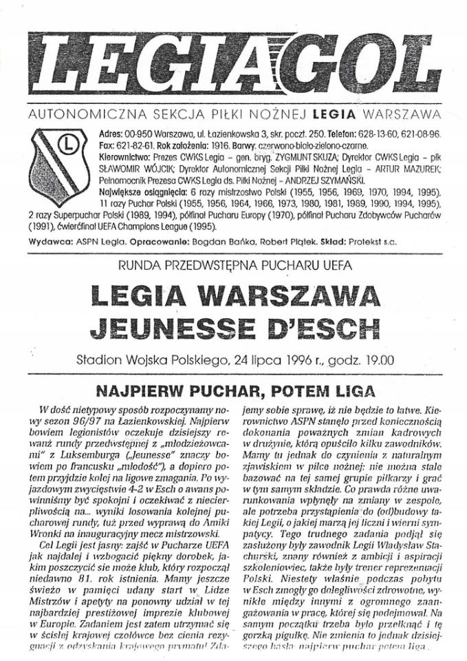 Program meczowy Legia Warszawa - Jeunesse Esch 3:0 (24.07.1996)