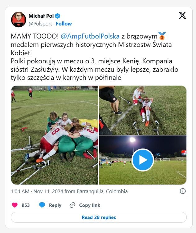 Twitt Michała Pola po meczu Polska - Kenia 1:0 ampfutbol kobiet (10.11.2024)