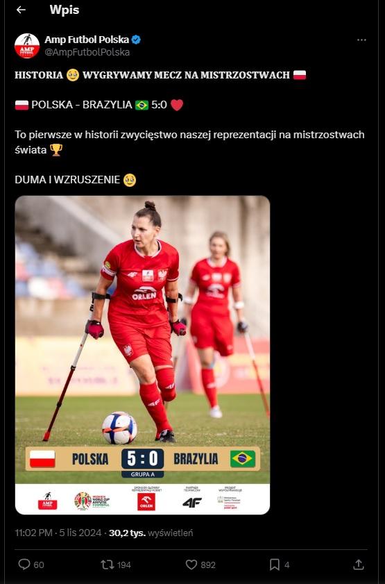 Twitt ampfutbol Polska po meczu kobiet Brazylia - Polska 0:5 (05.11.2024)