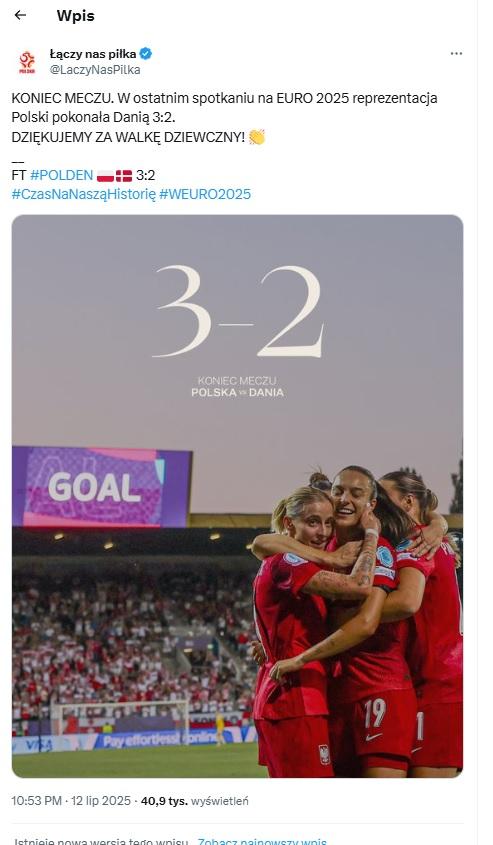 Twitt ŁNP z meczu Polska - Dania 3:2 (12.07.2025)