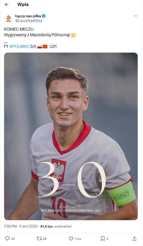 Twitt po meczu U21 Polska - Macedonia 3:0 (05.09.2025)