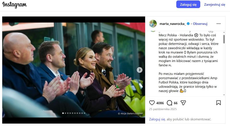 Wpis instagram Marta Nawrocka po meczu kobiet Polska - Holandia 0:0 (24.10.2025)