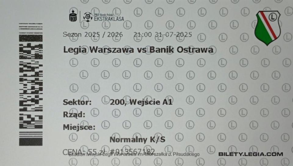 Bilet z meczu Legia Warszawa - Baník Ostrawa 2:1 (31.07.2025)