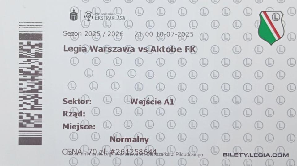 Bilet z meczu Legia Warszawa - FK Aktobe 1:0 (10.07.2025)