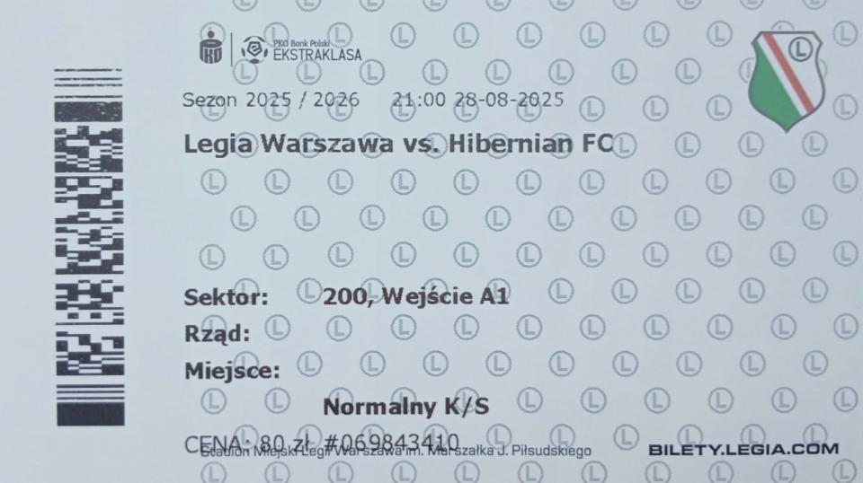 Bilet z meczu Legia Warszawa - Hibernian FC 3:3 (28.08.2025)