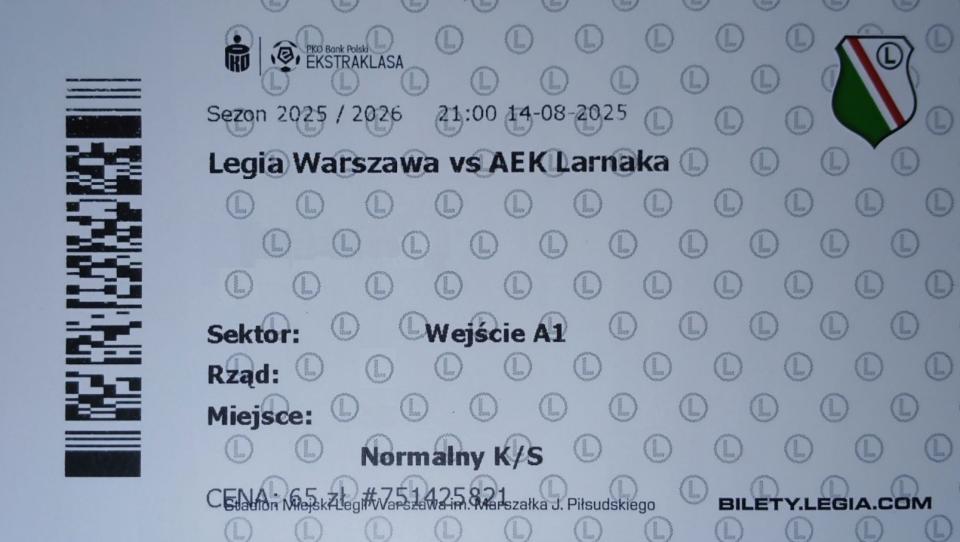 Bilet z meczu Legia Warszawa - AEK Larnaka 2:1 (14.08.2025)