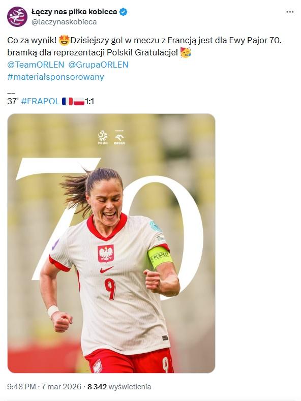Twitt ŁNP kobieca z meczu Francja - Polska 4:1 (07.03.2026)