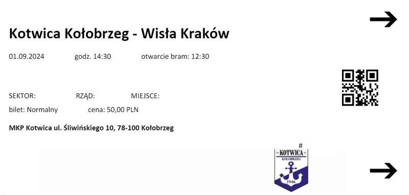 Bilet z meczu Kotwica Kołobrzeg - Wisła Kraków 1:1 (01.09.2024)
