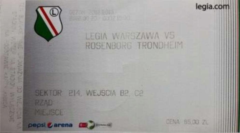 Bilet z meczu Legia Warszawa - Rosenborg Trondheim 1:1 (23.08.2012)