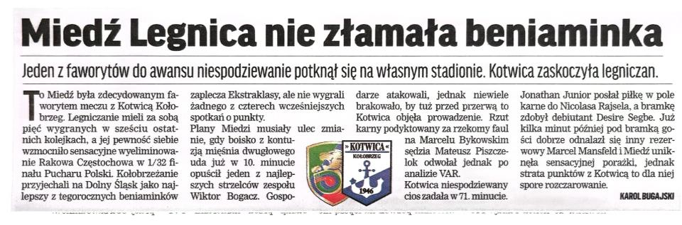Przegląd Sportowy po meczu Miedź Legnica - Kotwica Kołobrzeg 1:1 (29.09.2024)