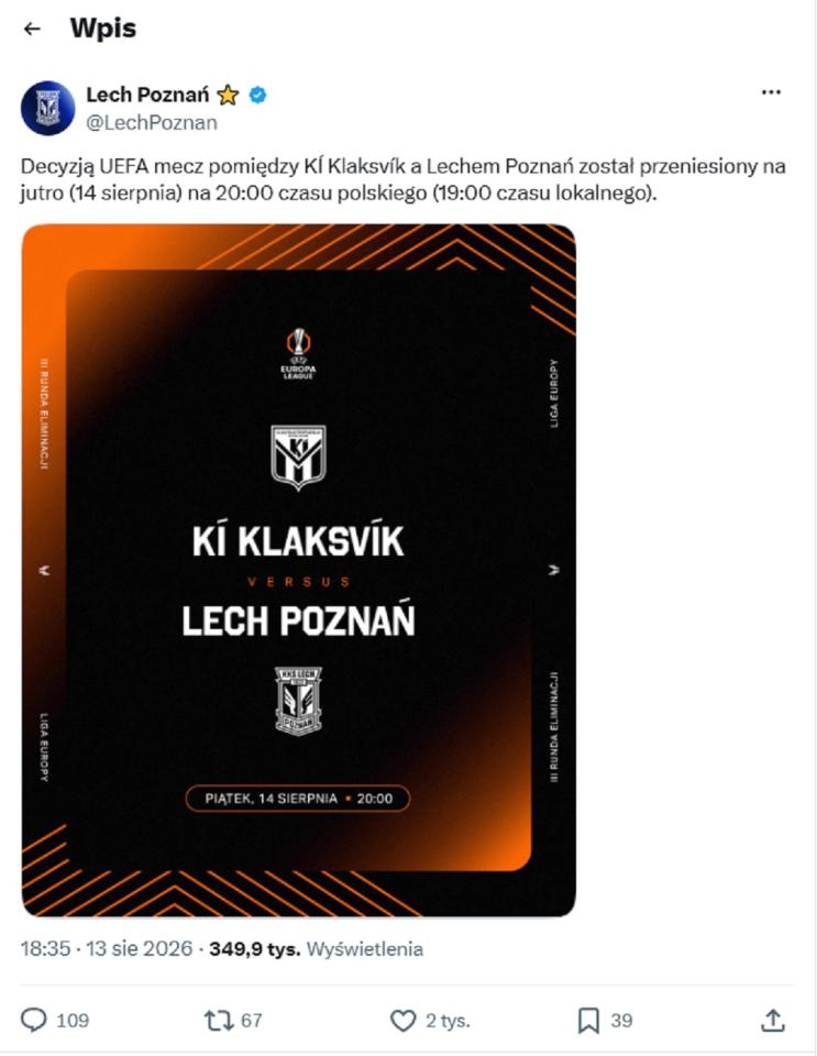 Twitt z meczu KÍ Klaksvík - Lech Poznań 0:5 (14.08.2026)