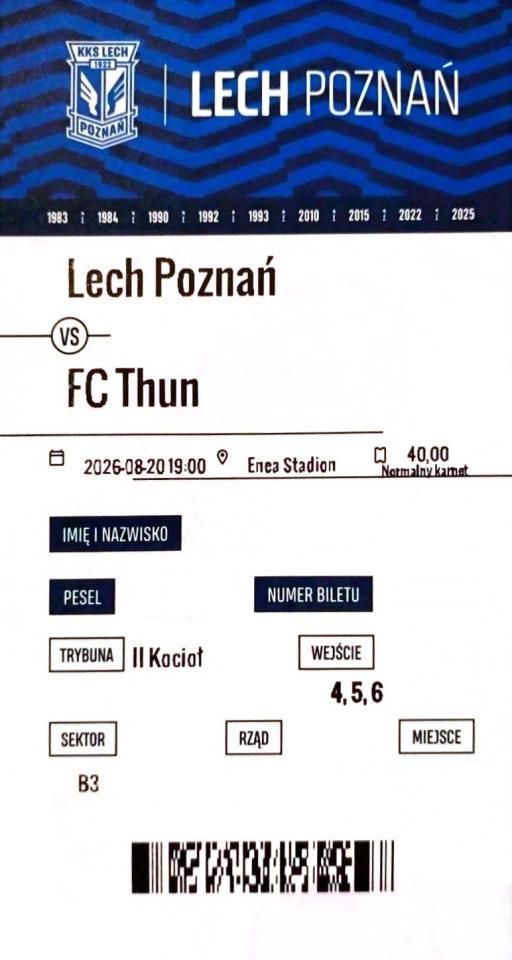 Bilet z meczu Lech Poznań - FC Thun 7:0 (20.08.2026)